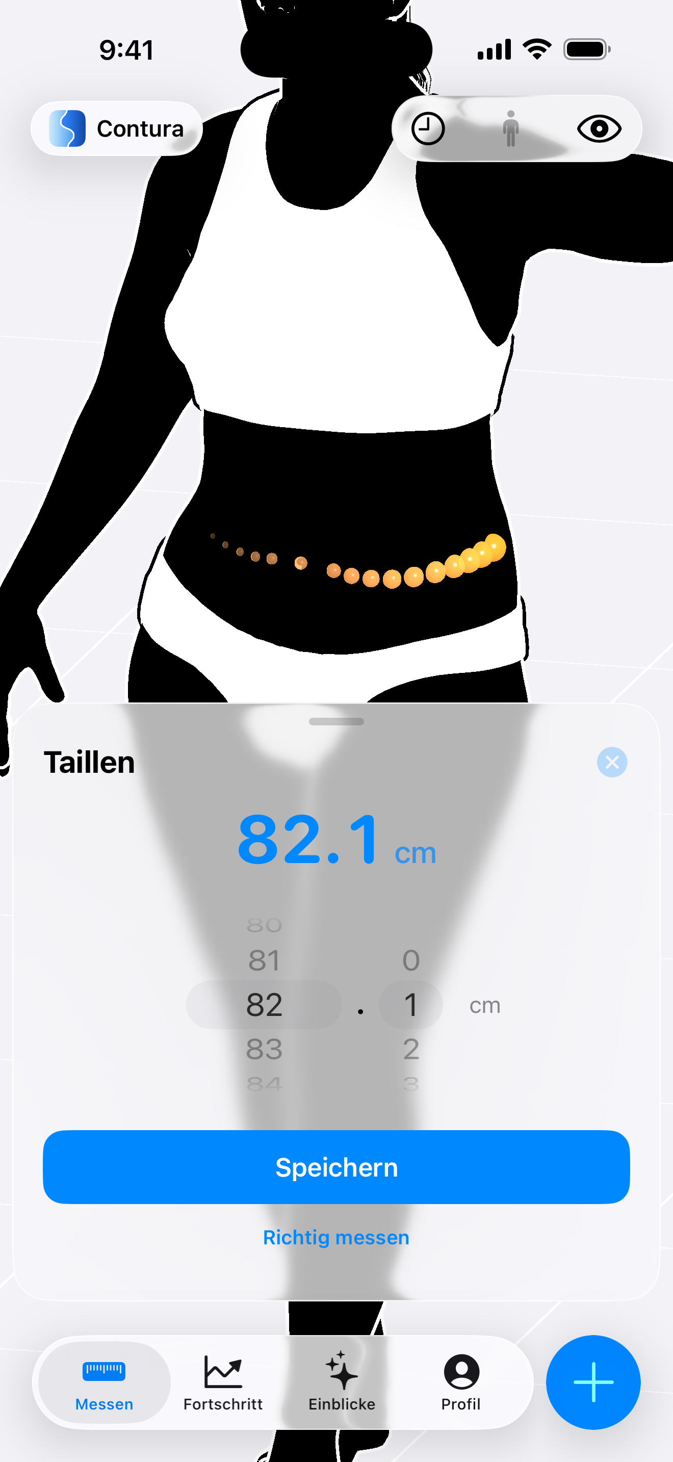 Eingabebildschirm für den Taillenumfang in der Contura iOS-App mit einer weiblichen Silhouette, einem orange gestrichelten Messring um die Taille und einem geöffneten scrollbaren Lineal-Wähler, der auf 32,3 Zoll über einer blauen Speichern-Schaltfläche eingestellt ist.