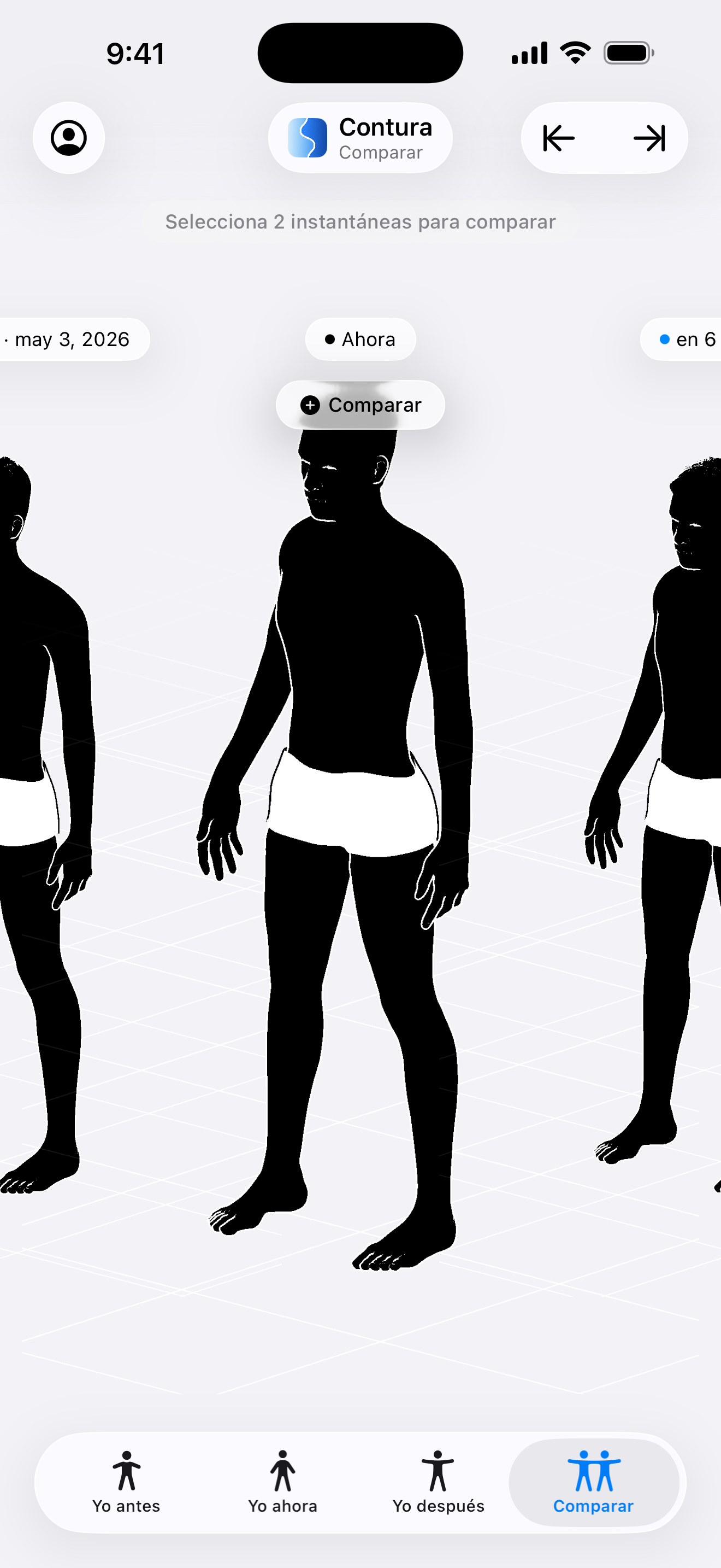 Comparación corporal cronológica en la app Contura iOS, mostrando tres modelos de silueta masculina 3D lado a lado en una cuadrícula en perspectiva para comparar formas corporales en diferentes fechas.
